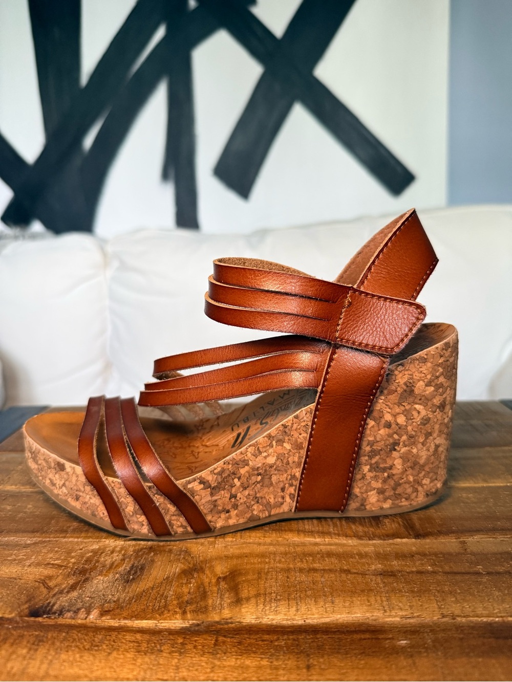 Blowfish Tan Leather Cork Wedge Sandals
